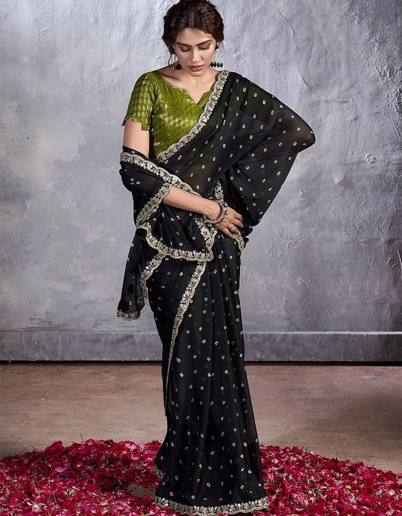 Black bandhani sequinned poly chiffon saree