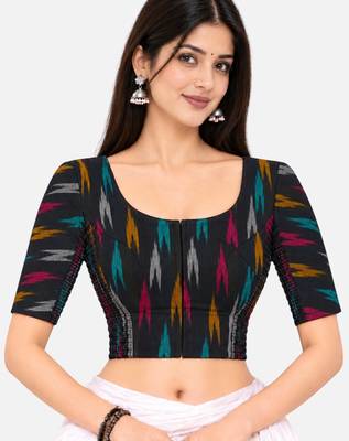 Side smocked stretchable black ikkat cotton printed non padded readymade saree blouse 1