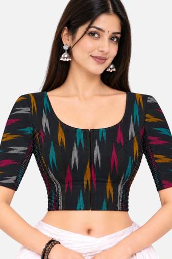 Side smocked stretchable black ikkat cotton printed non padded readymade saree blouse