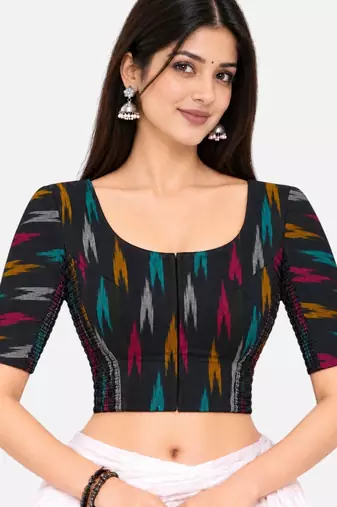 Side smocked stretchable black ikkat cotton printed non padded readymade saree blouse