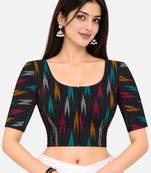 Side smocked stretchable black ikkat cotton printed non padded readymade saree blouse