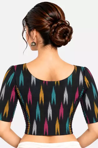 Side smocked stretchable black ikkat cotton printed non padded readymade saree blouse