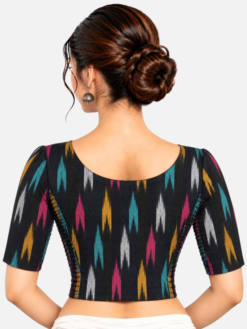Side smocked stretchable black ikkat cotton printed non padded readymade saree blouse