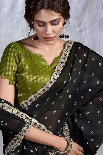 Black bandhani sequinned poly chiffon saree