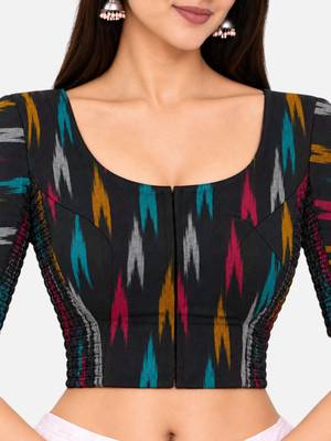Side smocked stretchable black ikkat cotton printed non padded readymade saree blouse 3