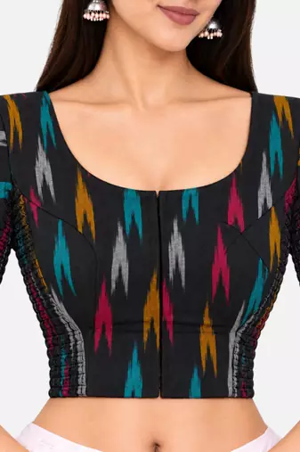 Side smocked stretchable black ikkat cotton printed non padded readymade saree blouse