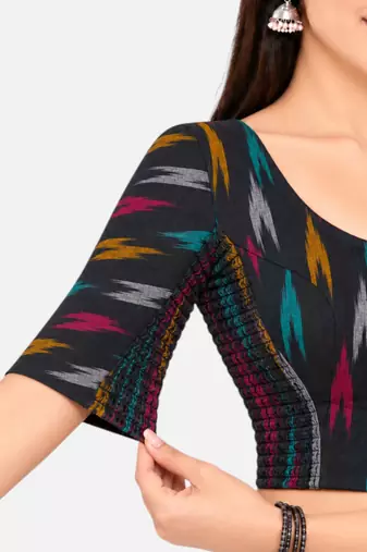 Side smocked stretchable black ikkat cotton printed non padded readymade saree blouse