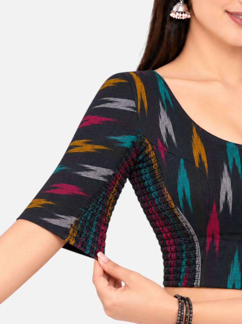 Side smocked stretchable black ikkat cotton printed non padded readymade saree blouse