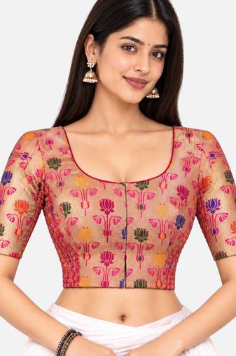 Paithani silk blend lotus print smocked stretchable readymade saree blouse