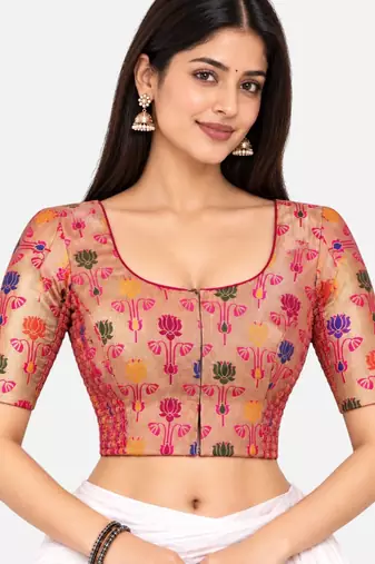 Paithani silk blend lotus print smocked stretchable readymade saree blouse