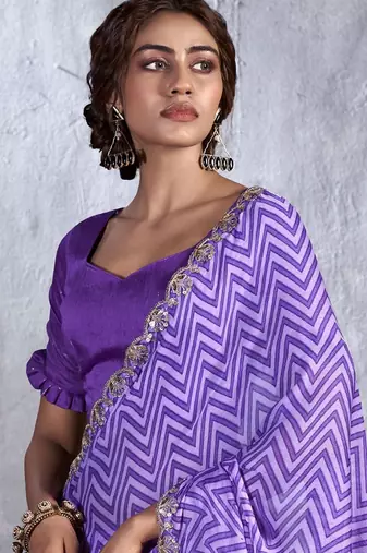 Purple sequinned poly chiffon saree