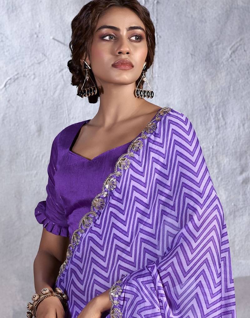 Purple sequinned poly chiffon saree