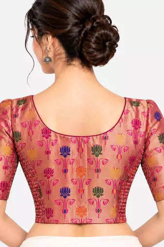 Paithani silk blend lotus print smocked stretchable readymade saree blouse