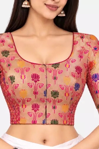 Paithani silk blend lotus print smocked stretchable readymade saree blouse