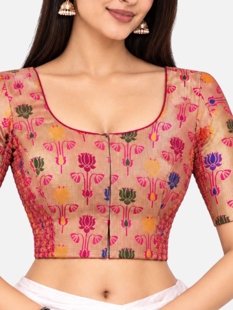 Paithani silk blend lotus print smocked stretchable readymade saree blouse