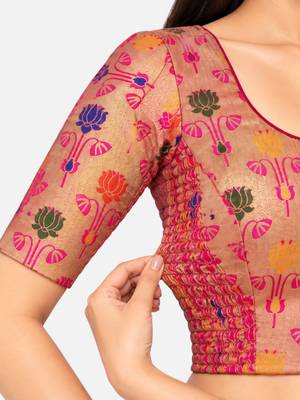 Paithani silk blend lotus print smocked stretchable readymade saree blouse 4