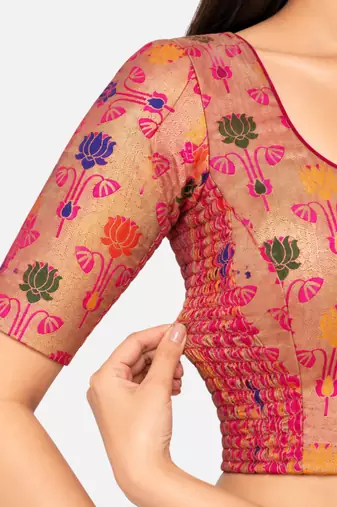 Paithani silk blend lotus print smocked stretchable readymade saree blouse