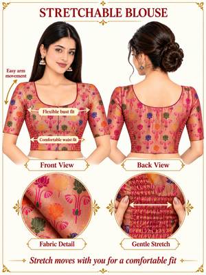 Paithani silk blend lotus print smocked stretchable readymade saree blouse 5