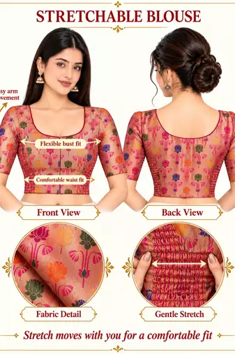 Paithani silk blend lotus print smocked stretchable readymade saree blouse
