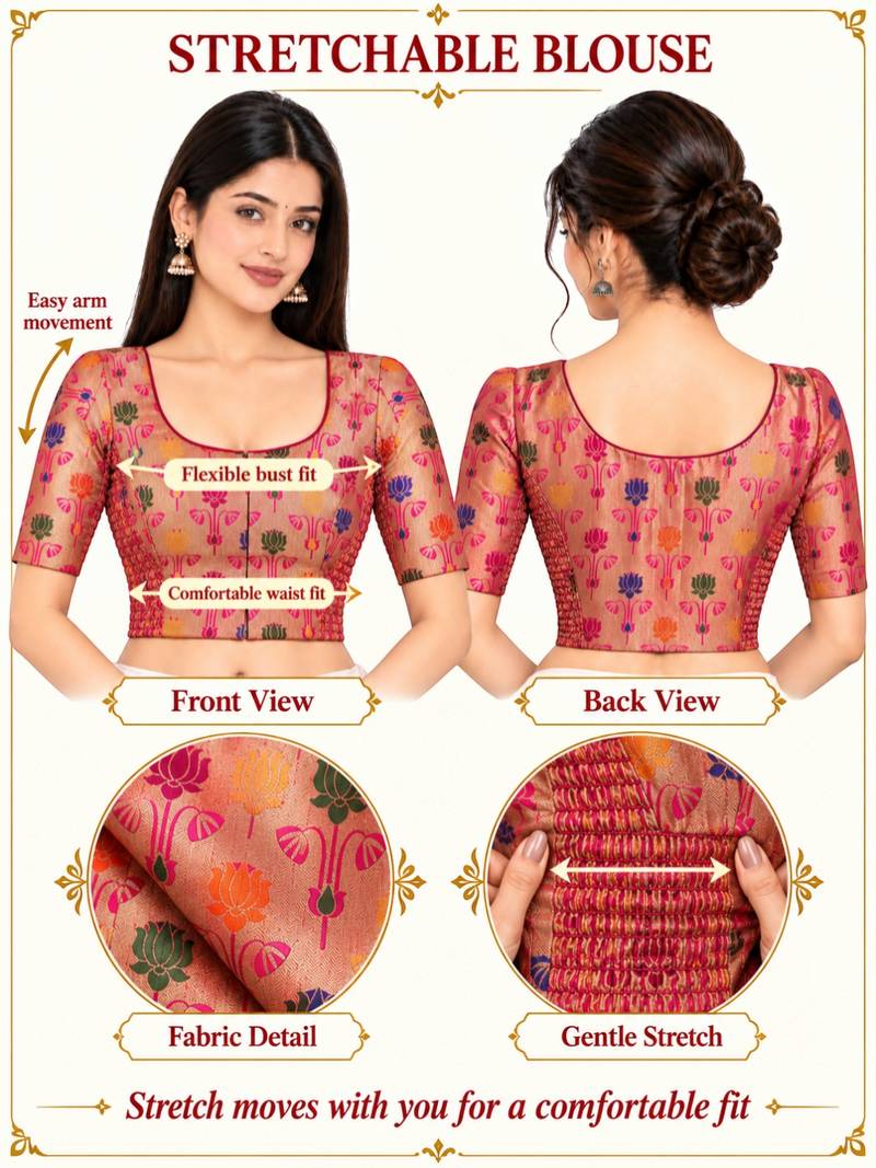 Paithani silk blend lotus print smocked stretchable readymade saree blouse
