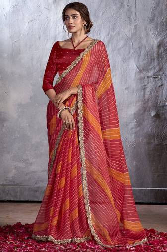Red leheriya sequinned poly chiffon saree