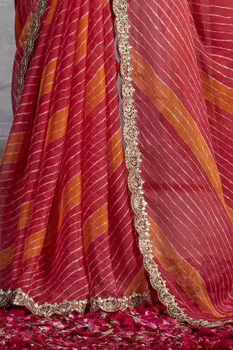 Red leheriya sequinned poly chiffon saree
