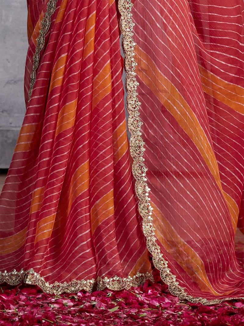 Red leheriya sequinned poly chiffon saree