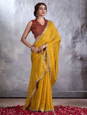 Mustard bandhani sequinned poly chiffon saree 1