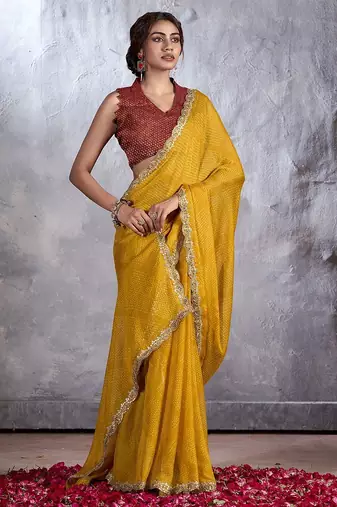 Mustard bandhani sequinned poly chiffon saree