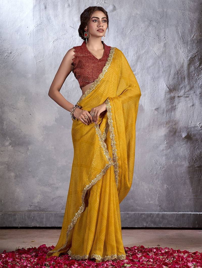 Mustard bandhani sequinned poly chiffon saree