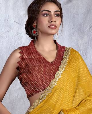 Mustard bandhani sequinned poly chiffon saree 2