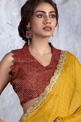 Mustard bandhani sequinned poly chiffon saree