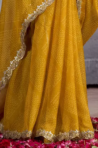 Mustard bandhani sequinned poly chiffon saree