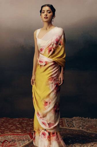 Multicolor floral satin designer saree
