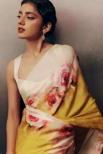 Multicolor floral satin designer saree