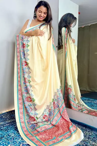 Cream paisley satin saree