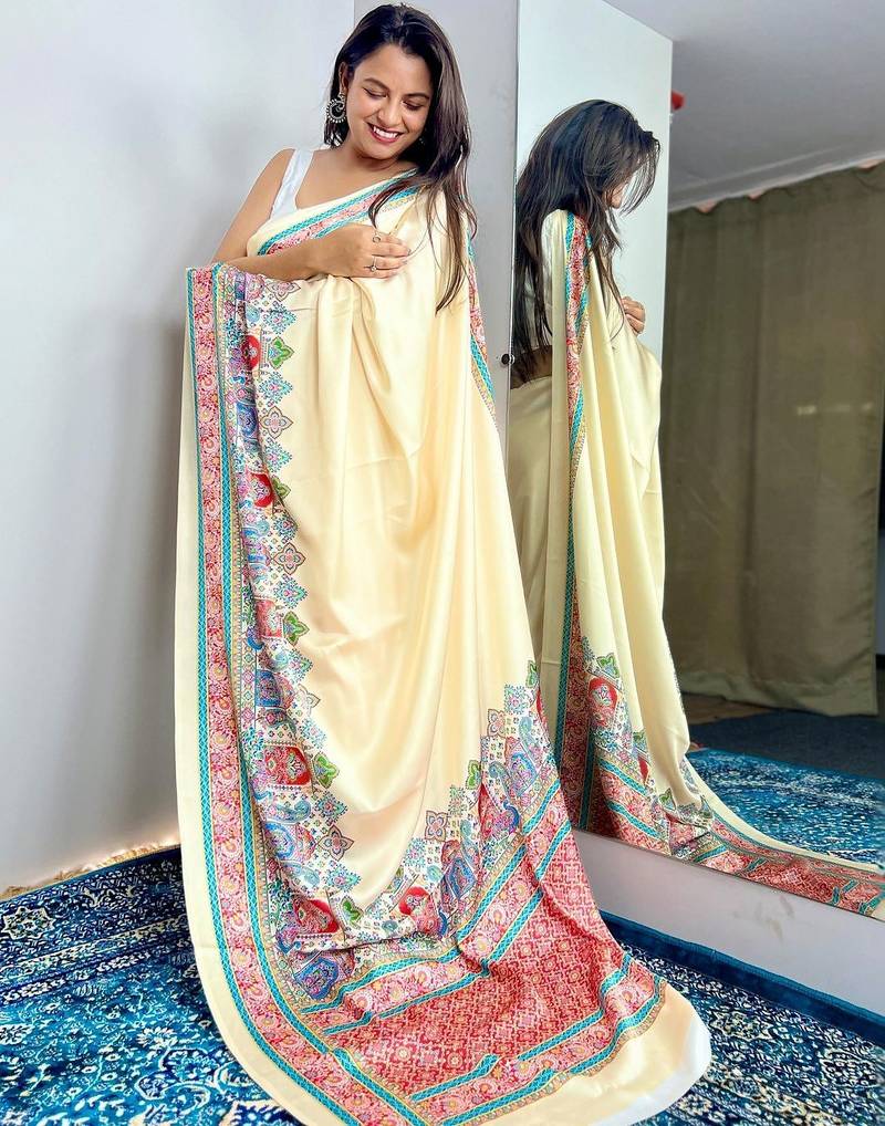 Cream paisley satin saree