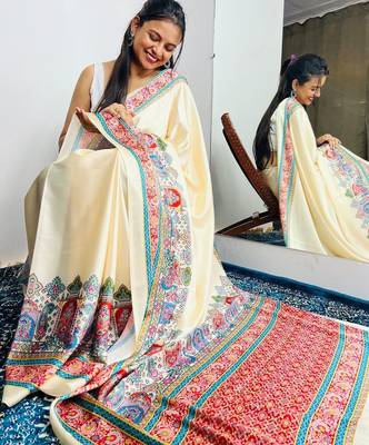 Cream paisley satin saree 3