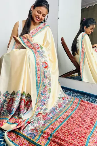 Cream paisley satin saree