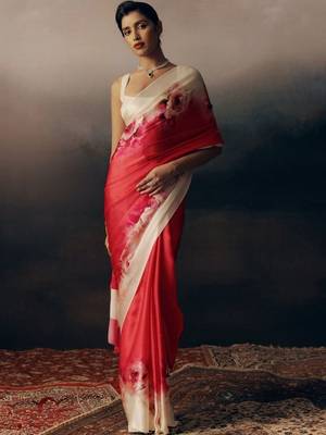 Red floral satin designer saree 1