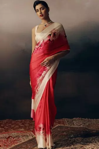 Red floral satin designer saree