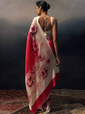 Red floral satin designer saree 2