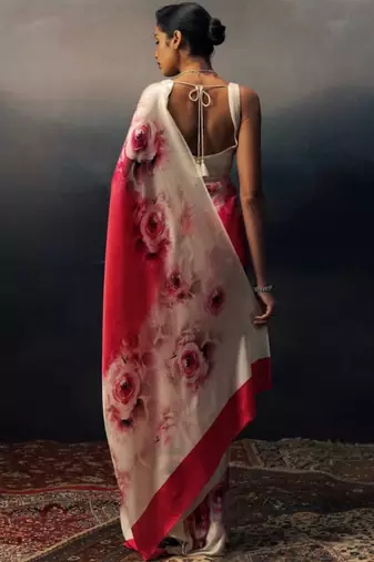 Red floral satin designer saree