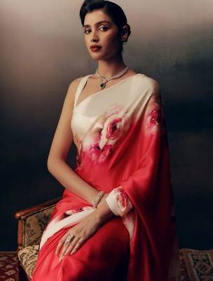 Red floral satin designer saree 4