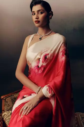 Red floral satin designer saree