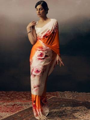 White floral satin saree 1