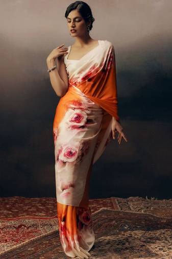 White floral satin saree