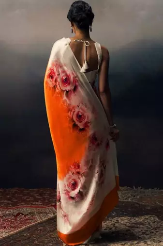 White floral satin saree