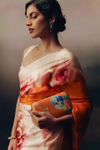 White floral satin saree