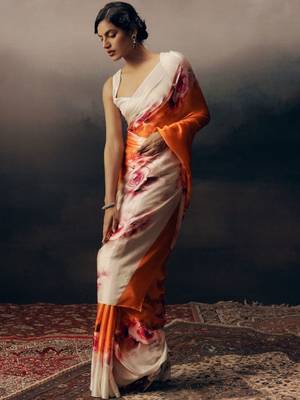 White floral satin saree 4